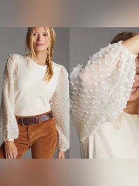 Maeve by Anthropologie Textured Long Sleeve Top w/ Sheer Bubble Sleeves Size S